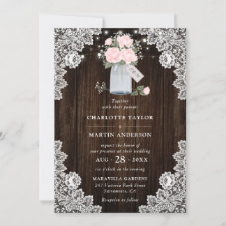 Rustic Wood Lace Blush Rose Baby's Breath Wedding Invitation