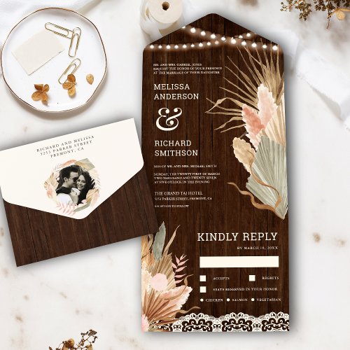 Rustic Wood Lace Boho Dried Palm Pampas Wedding All In One Invitation