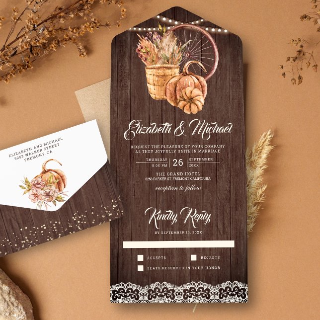 Rustic Wood Lace Boho Pumpkin Autumn Fall Wedding All In One Invitation (Creator Uploaded)