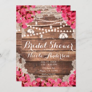 Rustic Wood Lace Bright Pink Roses Bridal Shower Invitation by printabledigidesigns at Zazzle