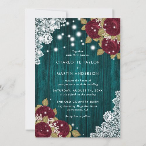 Rustic Wood Lace Burgundy and Teal Floral Wedding Invitation
