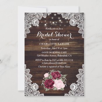 Rustic Wood Lace Burgundy Blush Bridal Shower Invitation by palettepaperco at Zazzle