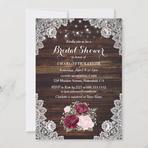 Rustic Wood Lace Burgundy Blush Bridal Shower Invitation