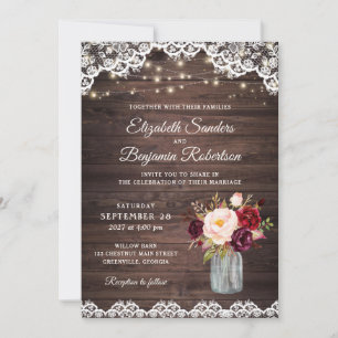 Rustic Wood Lace Burgundy Blush Mason Jar Wedding Invitation