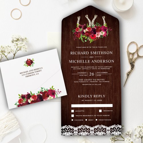 Rustic Wood Lace Burgundy Floral Horseshoe Wedding All In One Invitation