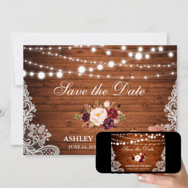 Rustic Wood Lace Burgundy Floral Save The Date Zazzle