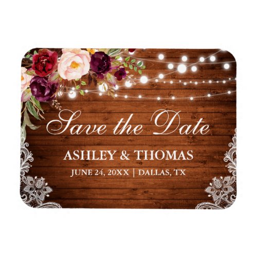 Rustic Wood Lace Burgundy Floral Save the Date Magnet