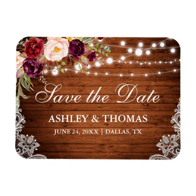 Rustic Wood Lace Burgundy Floral Save the Date Magnet | Zazzle