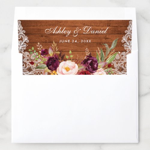 Rustic Wood Lace Burgundy Floral Wedding Envelope Liner