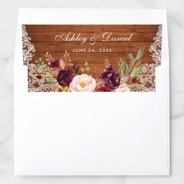 Rustic Wood Lace Burgundy Floral Wedding Envelope Liner (In Envelope)