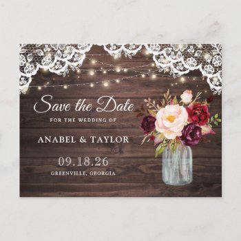 Rustic Wood Lace Burgundy Mason Jar Save The Date Announcement Postcard by CheriDesigns at Zazzle