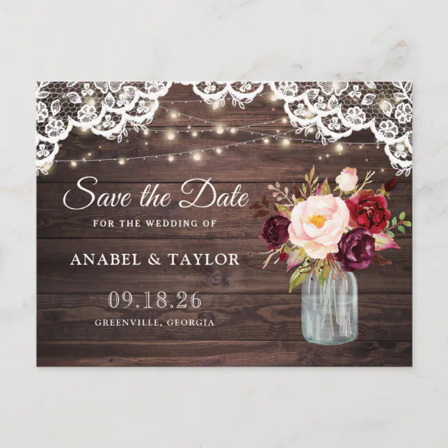 Rustic Wood Lace Burgundy Mason Jar Save the Date Announcement Postcard ...