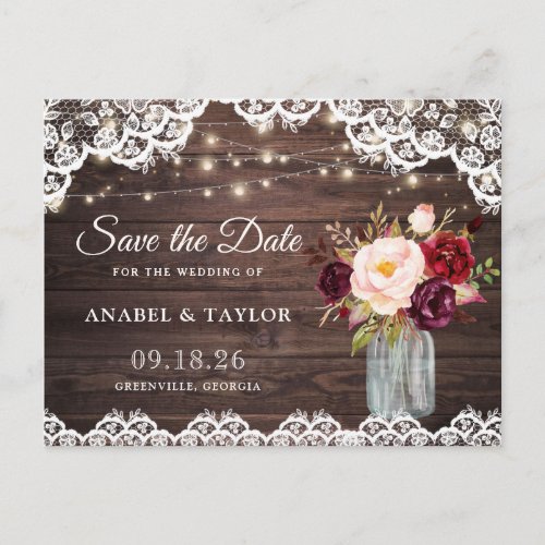 Rustic Wood Lace Burgundy Mason Jar Save the Date Announcement Postcard