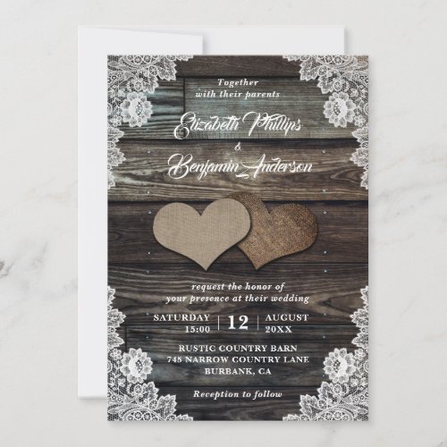 Rustic Wood Lace Burlap Hearts Wedding Invitations