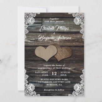 Rustic Wood Lace Burlap Hearts Wedding Invitations