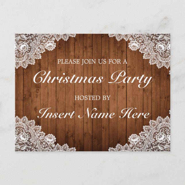 Rustic Wood & Lace Christmas Invitation Postcard (Front)