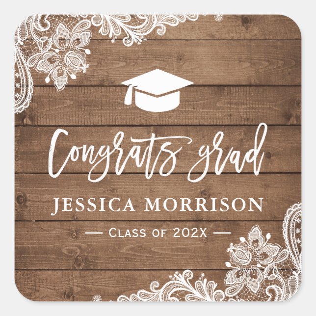 Rustic Wood Lace Congrats Grad Graduation Favor Square Sticker (Front)