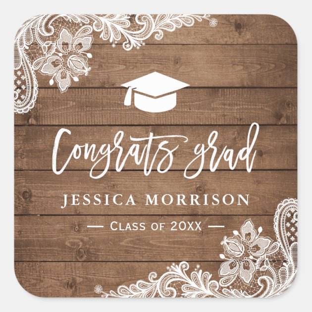 Rustic Wood Lace Congrats Grad Graduation Favor Square Sticker