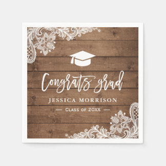 Rustic Wood Lace Congrats Grad Graduation Party Paper Napkins