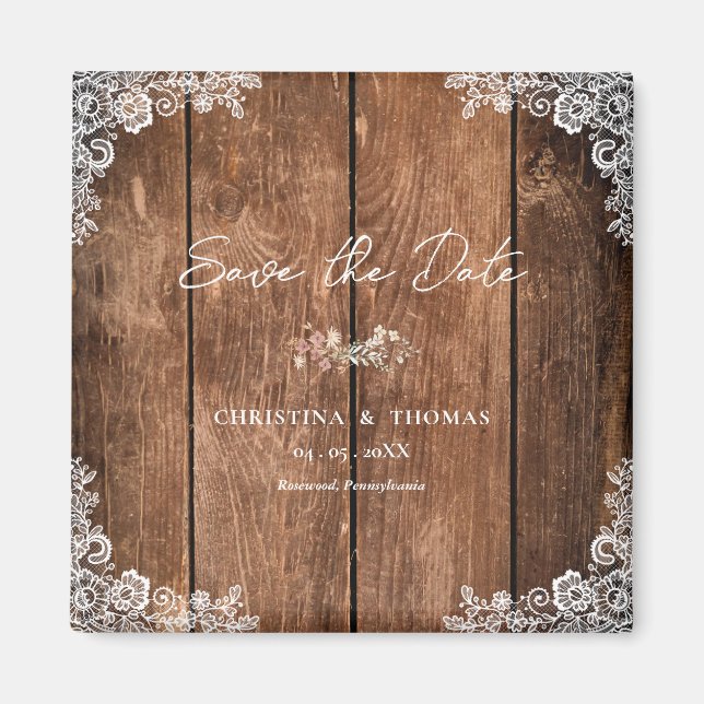 Rustic Wood Lace Country Wedding Save the Date Magnet (Front)