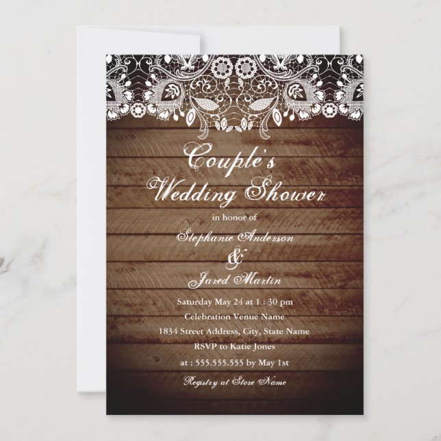 Rustic Wood Lace Couples Wedding Shower Card (Front)