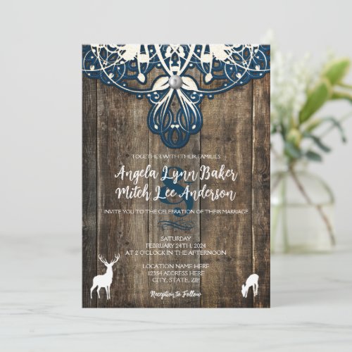 Rustic Wood Lace Deer Wedding Invitation