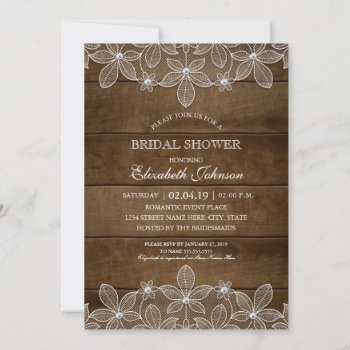 Rustic Wood Lace Elegant Country Bridal Shower Invitation by superdazzle at Zazzle