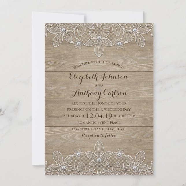 Rustic Wood Lace Elegant Vintage Luxury Wedding Invitation (Front)