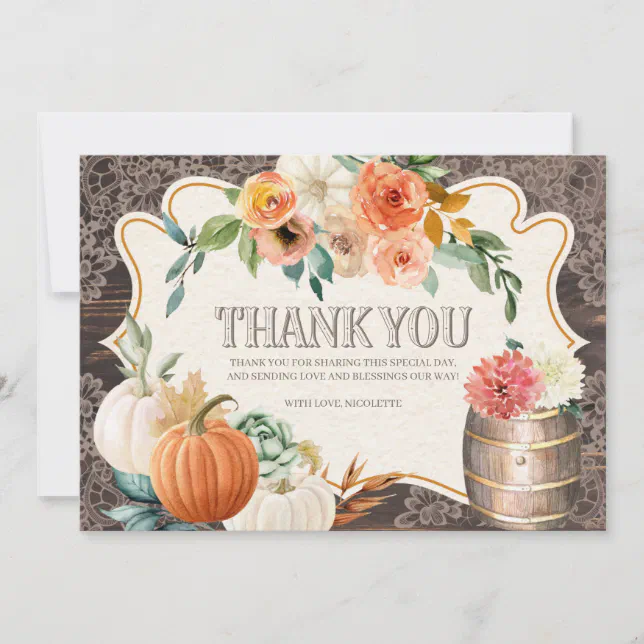 Rustic Wood Lace Fall Thank You Card | Zazzle