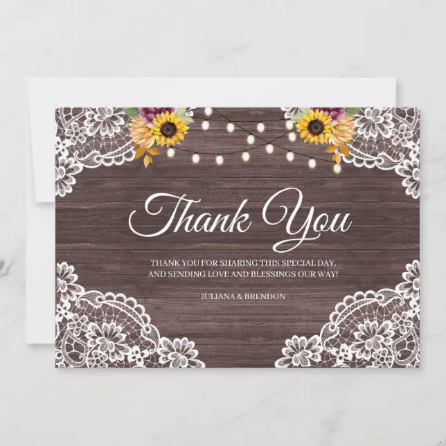 Rustic Wood Lace Fall Thank You Card | Zazzle