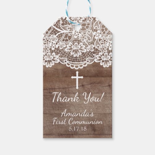 Rustic Wood Lace First Communion Gift Tag