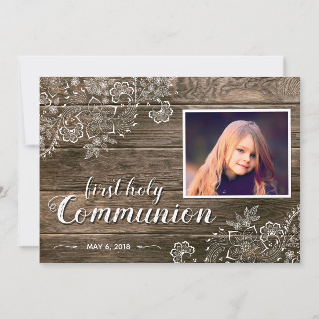 Rustic Wood Lace First Communion Photo Invitation (Front)