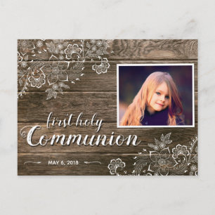 Rustic Wood Lace First Communion Photo Invitation