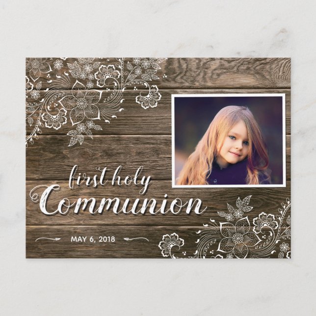 Rustic Wood Lace First Communion Photo Invitation Postcard (Front)