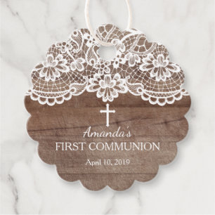 Rustic Wood & Lace First Holy Communion Favor Tags