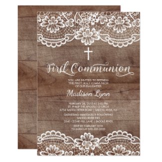 Rustic Wood Lace First Holy Communion Invitation