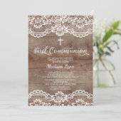 Rustic Wood Lace First Holy Communion Invitation (Standing Front)