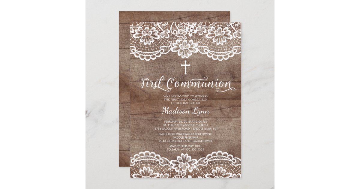Rustic Wood Lace First Holy Communion Invitation | Zazzle