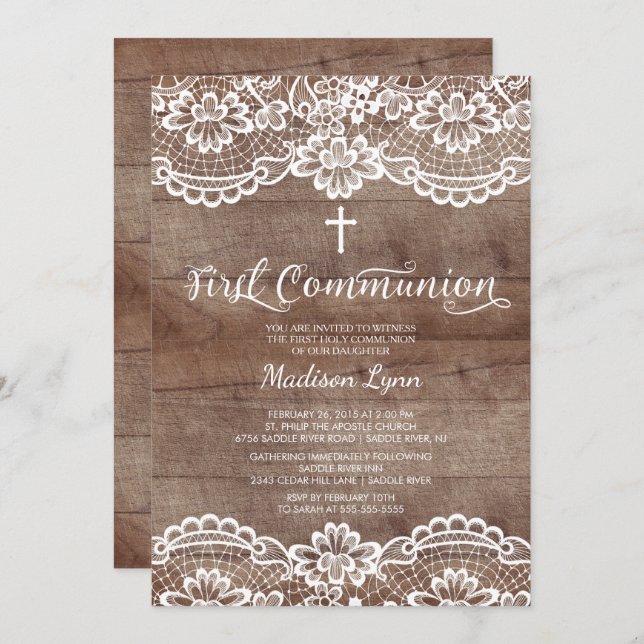 Rustic Wood Lace First Holy Communion Invitation (Front/Back)