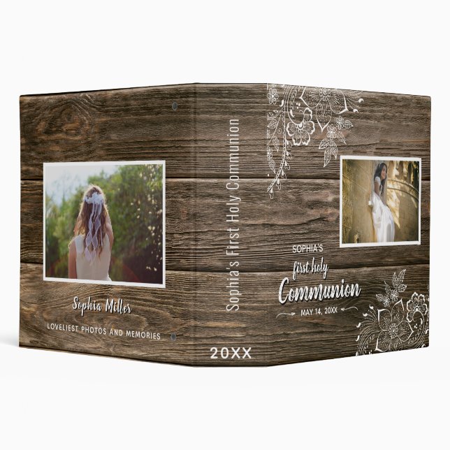 Rustic Wood Lace First Holy Communion Photo 3 Ring Binder (Background)
