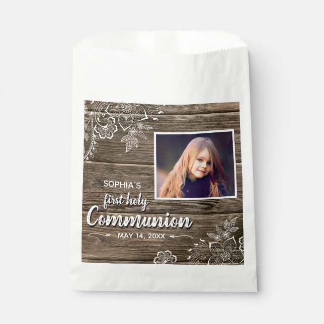 Rustic Wood Lace First Holy Communion Photo Favor Bag (Front)