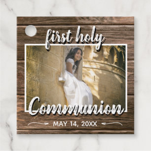 Rustic Wood Lace First Holy Communion Photo Favor Tags