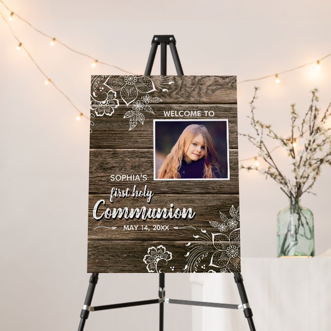 Rustic Wood Lace First Holy Communion Photo Foam Board (In Situ (Stand))