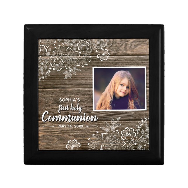 Rustic Wood Lace First Holy Communion Photo Gift Box (Front)