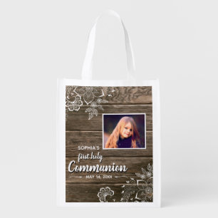 Rustic Wood Lace First Holy Communion Photo Grocery Bag