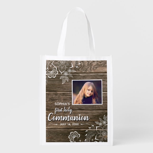 Rustic Wood Lace First Holy Communion Photo Grocery Bag (Front)