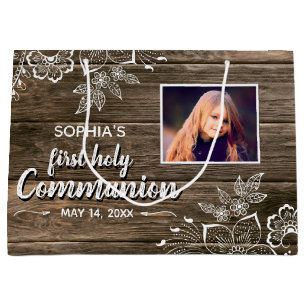 Rustic Wood Lace First Holy Communion Photo Large Gift Bag