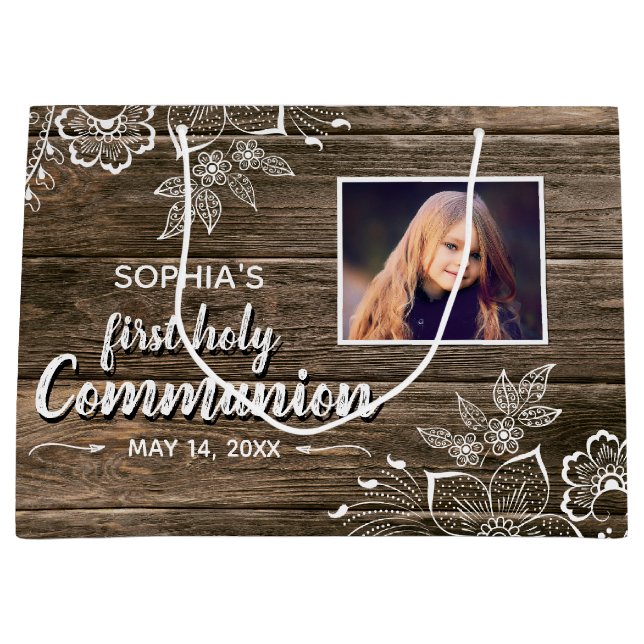 Rustic Wood Lace First Holy Communion Photo Large Gift Bag (Front)