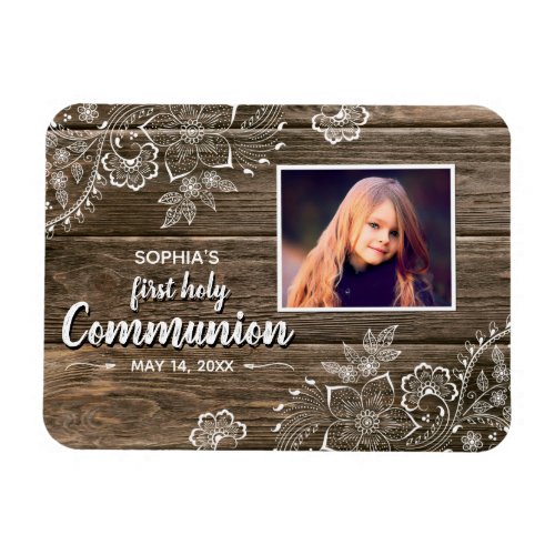 Rustic Wood Lace First Holy Communion Photo Magnet