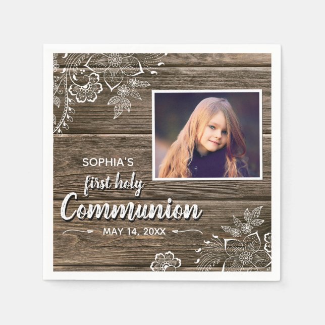 Rustic Wood Lace First Holy Communion Photo Napkins (Front)